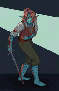 A triton pirate with orange hair is hunched over, holding an injury at their waist. They are covered in blood and holding a sword.