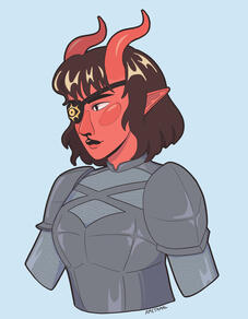 A red skinned tiefling in full armor with a brown bob and bangs. She wears an eyepatch with a golden eye embroidered on it.