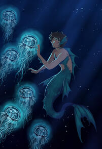 a boy with a fishtail, scales and fins is floating underwater with six glowing blue jellyfish.