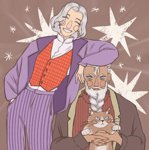 A man in a colorful suit with shoulder length silver hair and a cheery face is leaning on his companion, a grumpy dwarf. The dwarf is holding up a light brown cat.