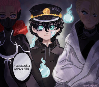 Redraw of a manga panel with characters from prime defenders. the whisperer is in the center, surrounded by three will-o-wisps. he is flanked by two senior heroes, silhouette and origami.