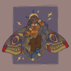 Illustration of jonathan sims from the magnus archives. He is rubbing his eye with one hand and big moth wings are spread out behind him. he is wearing a starry cape and casual clothes. Painted on the tips of his shoes are red eyes.