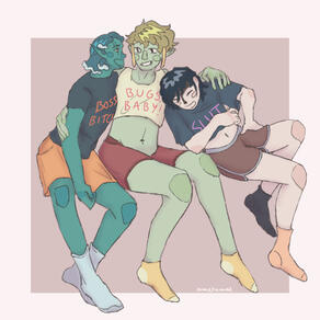 A water genasi, a half orc and a bird-like human are sitting down in a cuddle pile. Their shirts read Boss Bitch, Bugs, Baby! and Slut.