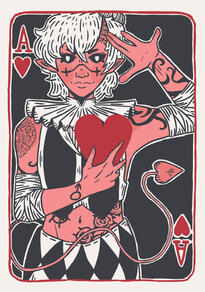 Illustration of the ace of hearts playing card with a pink skinned, one-horned tiefling holding a heart symbol over where his heart sits. He is wearing jesters clothes and covered in tattoos.