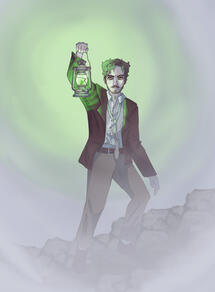 Arthur lester, in a brown suit, is standing on a rocky path. He holds up a lantern emitting green light through thick fog.