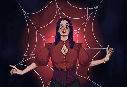 A vampire with long black hair and small sunglasses. she's wearing a dark red blouse and a dark violet corset. Her hands are holding a spider's web that hangs behind her.