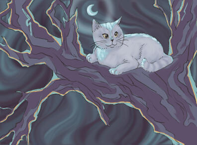 a fluffy grey cat sits on a gnarly tree branch, the moon shines over her.