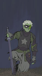 A man with green skin and white hair, wearing tattered armor. He's in the middle of standing up, resting his weight on one knee and his sword. A glowing green infection is spreading from his left eye.