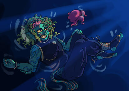 Gillion Tidestrider is floating underwater and smiling at his animal companion Pretzel, the pink frogtopus. Gillion's green hair is floating around his face. He's wearing a sleeveless turtleneck, balloon pants and pearl jewelry.