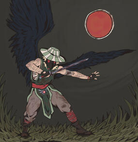 A man in green clothes stands battle ready, his black wings spread out wide. He wears a gas / plague mask and a sunhat and is holding a sword. He is covered in mud, bandages and blood. He stands on a grassy field with a red sun in the background.