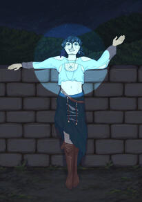 A boy in swishy clothes with a boob window is leaning on a wall at shoulder height with a shit-eating grin on his face. He is illuminated by a spotlight. In the background are forest hills and the night sky.