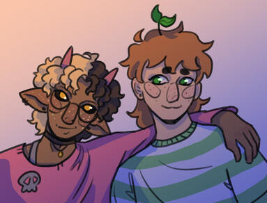 a digital drawing of two people leaning on each other; the one on the left has blond-brown split dyed hair with pink horns peeking out, black eyes with golden irises and white freckles; they're wearing a pink longsleeve. on the right is a green-eyed brunet