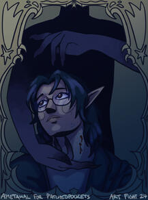 a framed digital drawing of a young elf with messy black hair being held captive by a clawed shadowy figure. there are two fresh punctuation wounds on the side of their neck.