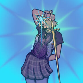 a blonde elf stands, wearing modern purple and denim clothes, posing with a golden sword. on her forehead, a third eye glows in a bright light blue.