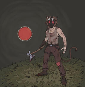 A man in brown pants and a beige undershirt stands battle ready, with cat ears and tail. He wears a gas mask and is holding an axe. He is covered in mud and blood, bandages and scars. He stands on a grassy field with a red sun in the background.