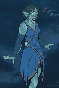 Anemone Steelwater is a young triton woman with turquoise skin and vitiligo. Her darker, wavy hair is cut in a bob and she wears moon-themed jewelry. She's dressed up in a blue dress with wave patterns and red edges.