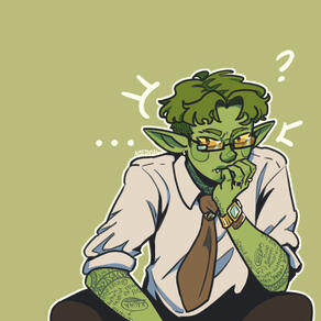 riz gukgak, a green-skinned goblin with short dark green hair sits, resting his face on his left hand. he wears a white shirt, a brown tie, a smart watch and fancy yellow glasses. he's looking at the viewer, slightly annoyed.