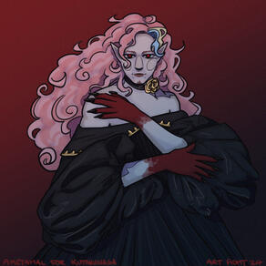 a digital drawing of a pale man with long, wavy pink hair posing in a black gown; his hands are stained red.