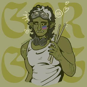 a green-skinned half-orc stands in a grey tank top, holding his drumsticks. his black hair with a white streak is pushed back by his artificier goggles. he's wearing headphones around his neck.