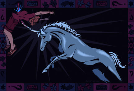 A digital painting of Kristen Applebees being impaled on the horn of a shimmery light blue unicorn. The piece is bordered with little repeated drawings of stars, question marks, violets and eyes. Kristen is wearing birkenstocks, cargo shorts and a t-shirt.