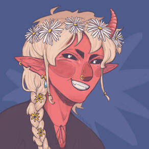 A red-skinned tiefling with only one horn is smiling at the proverbial camera. His blond hair is braided and adorned with white and yellow flowers. He's wearing a maroon blouse.