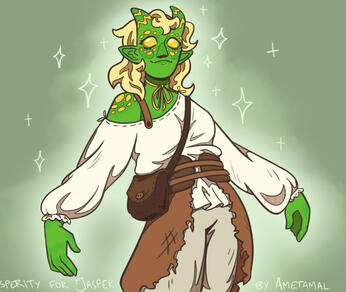 Depicted is Prosperity, mxrbledtea's character. She is a green-skinned tiefling with blonde hair wearing an asymmetrical white blouse, grey pants and brown leathers around her waist. Her eyes are fully golden.